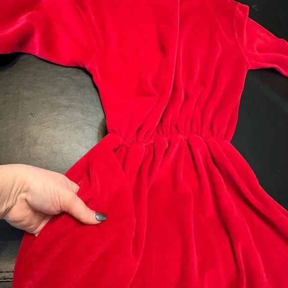Vintage L.L. Bean Red Velour Long Sleeve Midi Dress Small Petite - Picture 12 of 15
